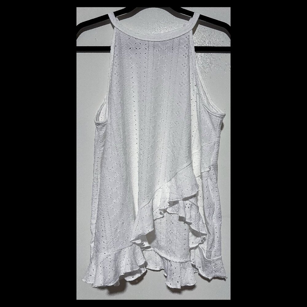 SHEIN Womens White Eyelet Ruffle Asymmetrical Sleeveless Top XL/12 NWOT